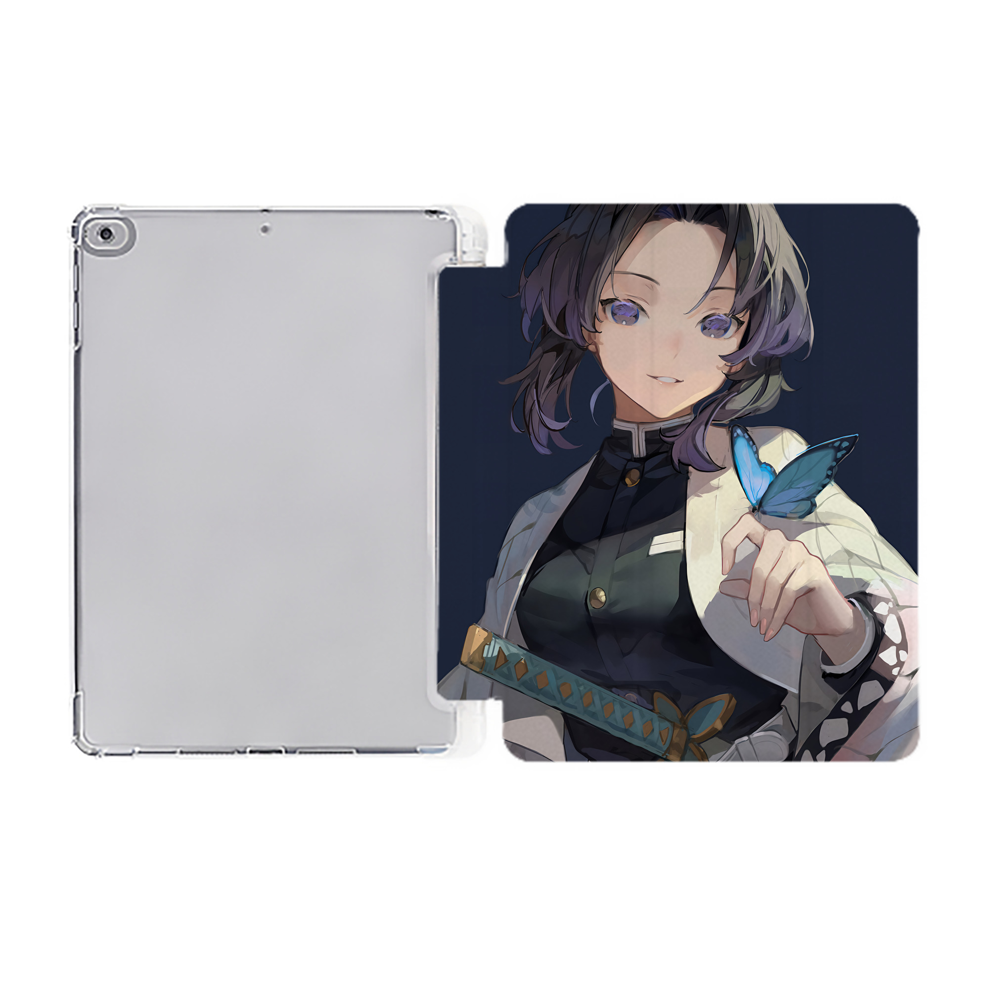 （画像用） 鬼滅の刃（きめつのやいば）蟲柱-胡蝶 しのぶ／こちょう しのぶ Kochou Shinobu IPad ケース ペン収納付き 三つ折りスタンド PUレザー×シリコン 対応機種9.5/10.5/10.9インチ